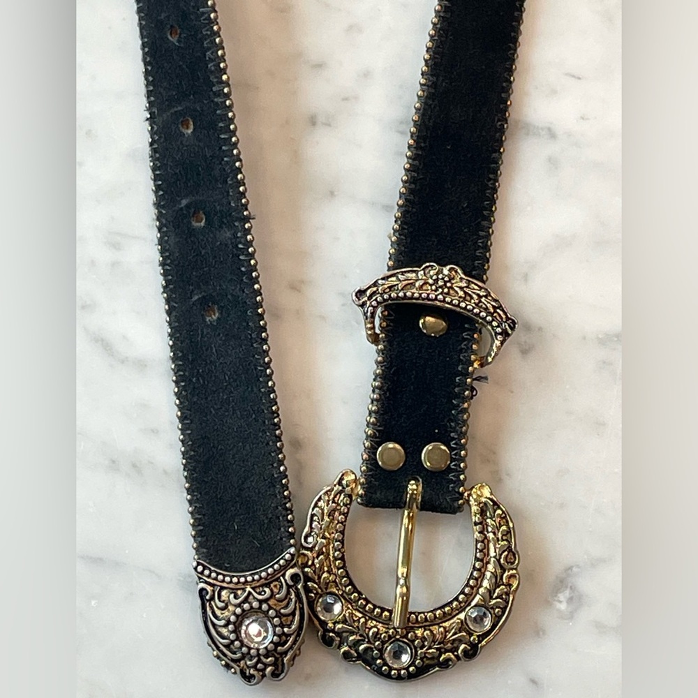 Streets Ahead Suede Belt, Ornate Gold Buckle, beaded trim, black - Picture 4 of 14
